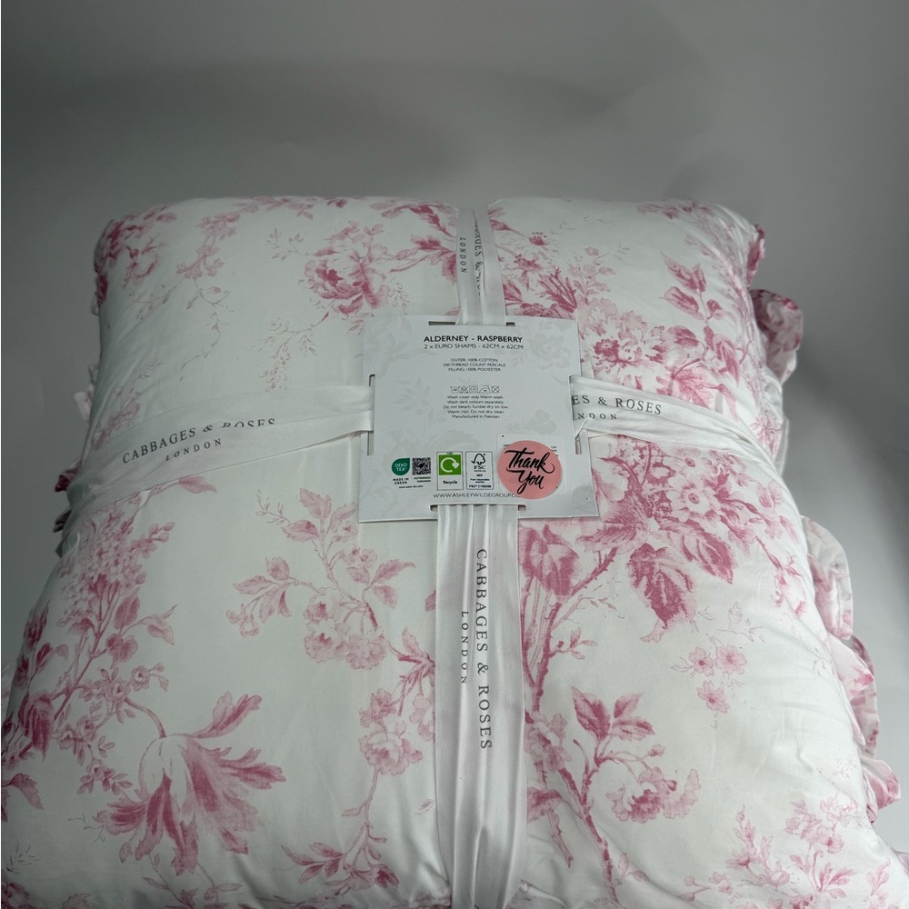 2 Elegant Pink Floral Euro Shams Ruffles Cabbages & Roses London ~ Raspberry - Picture 11 of 16